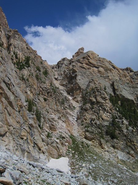 The descent gully view from the trail to the lower saddle. We hiked up ...