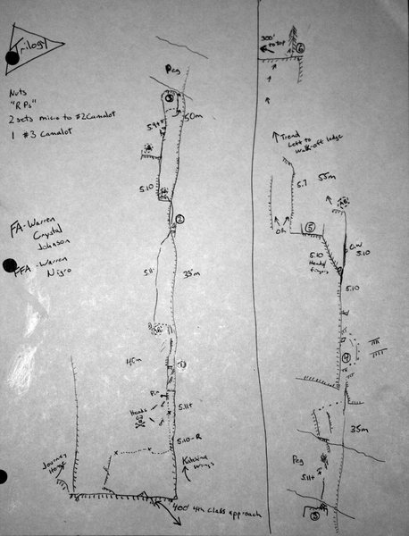 Topo for Trilogy. Circled belays are what I used. "AB" are alternate belay stances.