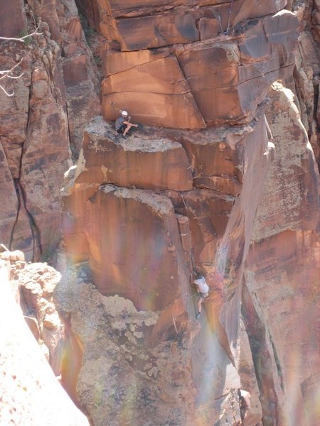 First pitch. We belayed at the rap anchor instead of the regular belay station (up and right). Nice ledge but harder to communicate with the leader at the crux.