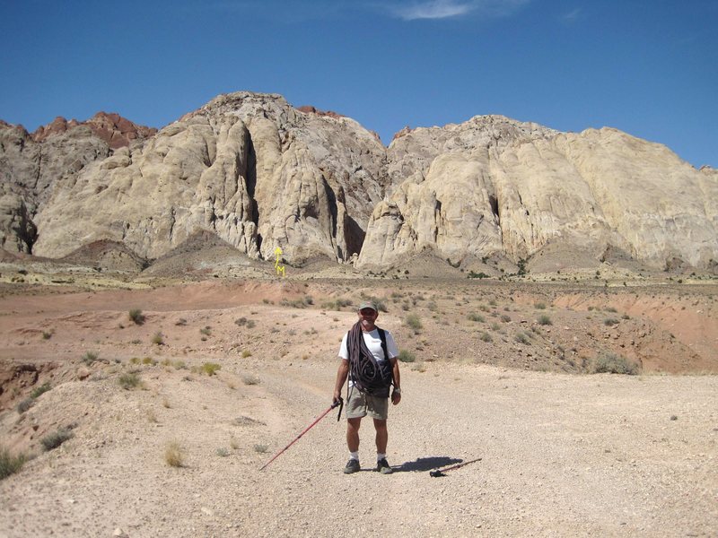 Returning to the truck and cold beer Sept 2009 ..98F... Just warm enough for slab climbing...M) The route Mellow Yellow