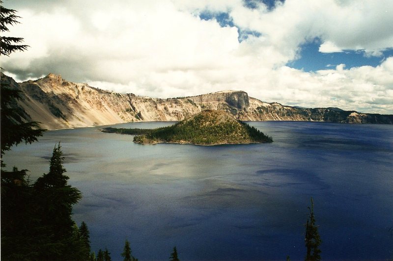 Crater Lake, I think in 2001. Amazing place. Wizard Island in the center. Everyone should go on the boat tour of this place given the chance.