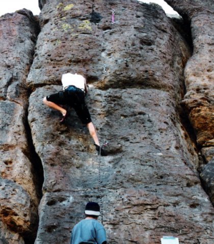 Unknown climber on Huecos during an early 90's Meltdown competition.