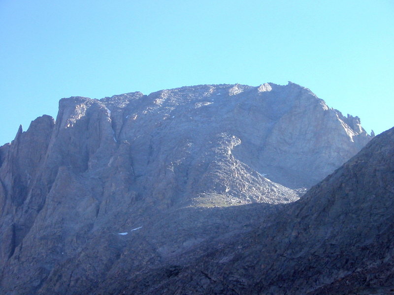 A view of Fremont Peak from the saddle (in the sunlight) up the Southwest Ridge.