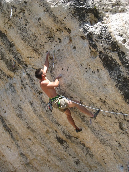 BJ climbing the testpiece linkup "Genetic Drifter".  Here he is just above the Atomic Stetson crux. 