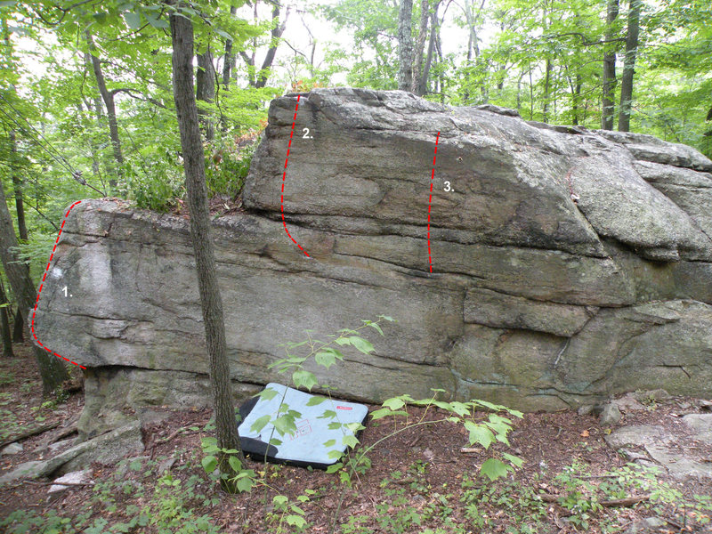 West side of the Lower Wawarsing Boulder: 1. North West Arete (V0), 2. West Face Dyno (V0+), 3. West Face (V0)