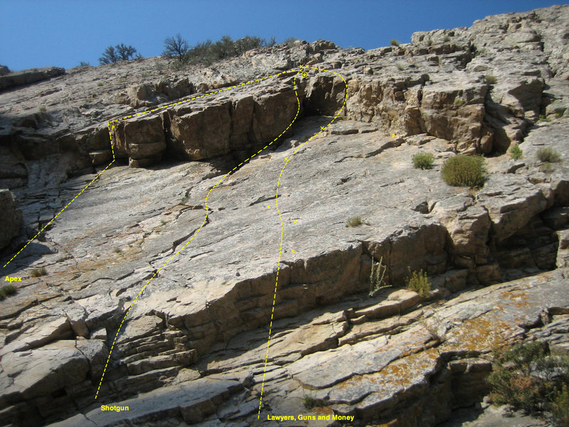 Utah Wall - Central Roof Area<br>
<br>
Shows three climbs in the central area. Other variations exist. Bolt 'x's placements approximate for upper 2 bolts on L,G&M