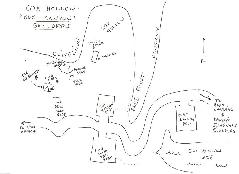 Schema of Cox Hollow/Box Canyon Boulders. My memory may be off, please correct where imperfect. "Not for navigational purposes".