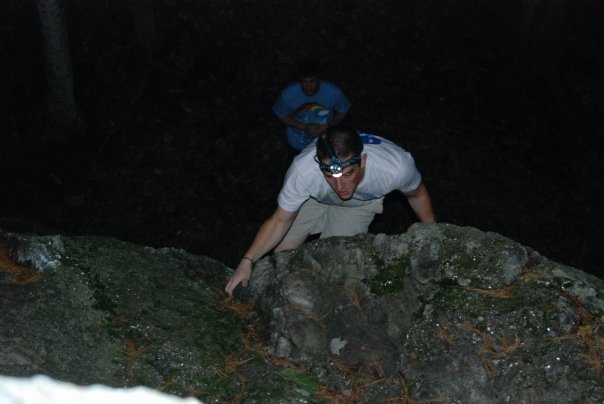 Coming up through the crux at night.