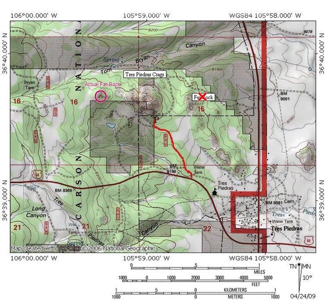 USGS Topo Map for area. Hard to say if this independent map confirms the description of boundaries. This is the same as the map available at the ranger station. According to this, the boundary is closer to the base of Mosaic Rock. Regardless, private and public property is to be respected.