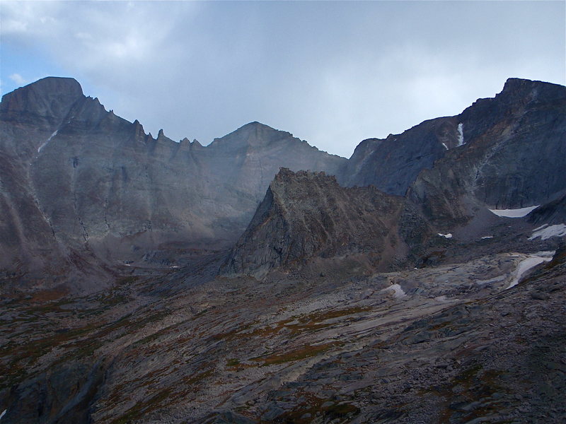 The east to central side of upper Glacier Gorge. From left to right, Long's, Keyboard of the Winds, Pagoda, Spearhead and Chiefshead.