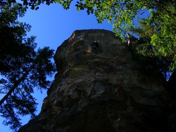 A crappy dark photo of the front side of Jane's Buttress. Hopefully you get the idea. Climber is on "Mirror Image", an extension to "Split Decision".