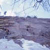 Doug Fosdick during an unsuccessful winter attempt on Toe Crack and the Standard Route. January 1975.