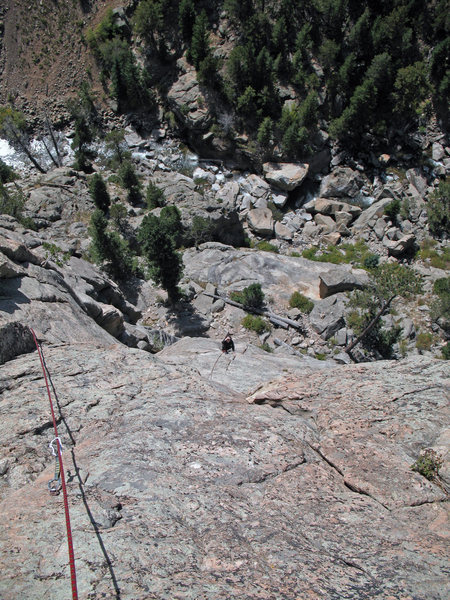 P2 of a 175', two pitch 10c sport climb in southern Boulder County. September 2009.