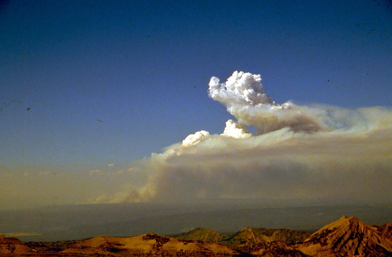 Yellowstone fires heating up for another run, viewed from Mt. Moran, July '88.