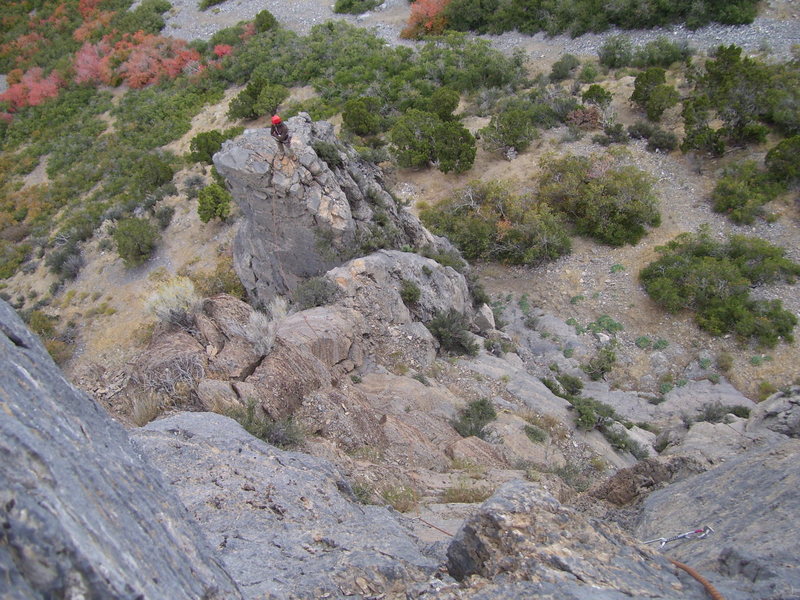 Looking back down at Brett on the top of the pitch one tower. He is about to make the "Leap of Faith"