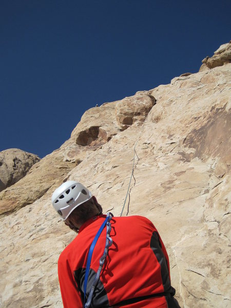Chris belaying Lance at the top of P3
