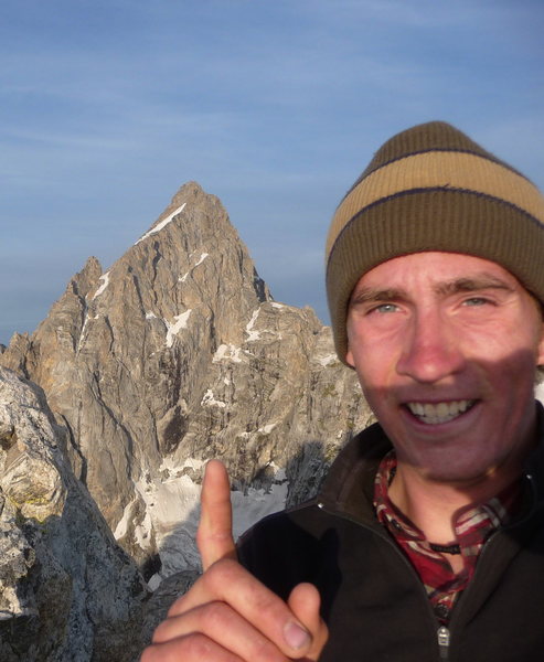 Atop Mt. Teewinot, peak #1 of the Grand Traverse. The N. Face of the Grand beckons.