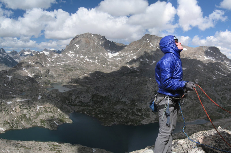 Colleen McHugh at a cold belay on the NW Buttress of Elephant's Head, August 2009