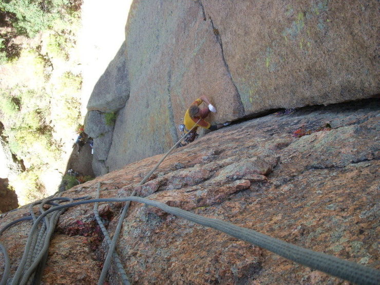 Pitch one of Hmmm! Fresh Meat! FA about 1991, Stephen Bartlett and Strappo Hughes.<br>
<br>
Steep, sustained, 5.10, hand jams (p1 only), lie-backs, offwidths, and one sweet traverse on face holds. <br>
<br>
Located about 1,000 willow bushes upstream from Shaft-House. <br>
<br>
33 meters below, Mike Carr and Shelby.<br>
<br>
Photo by Tom Carr, July 12, 2009 (approx).