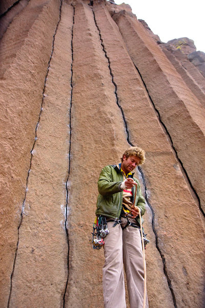 Tim gearing up. Mr. Squiggles is the obvious squiggly hand crack immediately behind him.<br>
<br>
Suzuki is the double finger crack route just to the left.