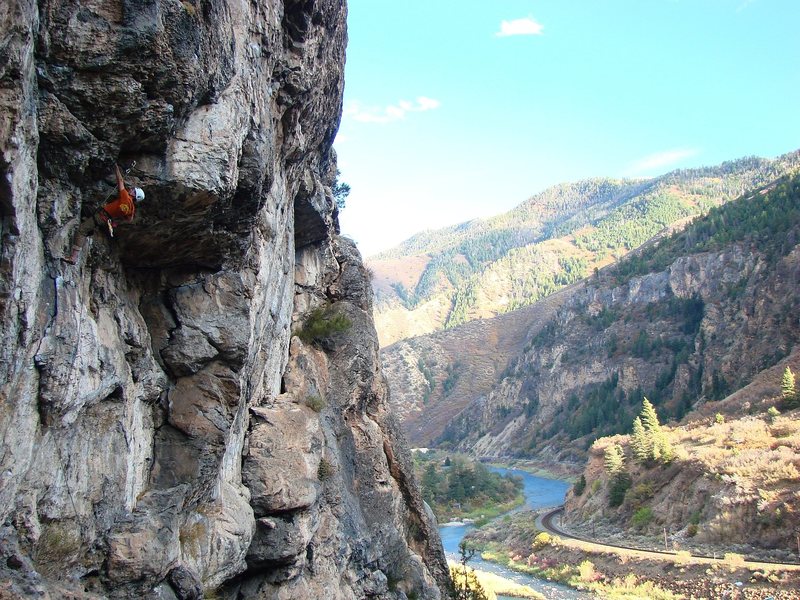 At the roof, on Kor's Corner, October 09. Great route. Photo: SteveZ, tough lighting conditions.