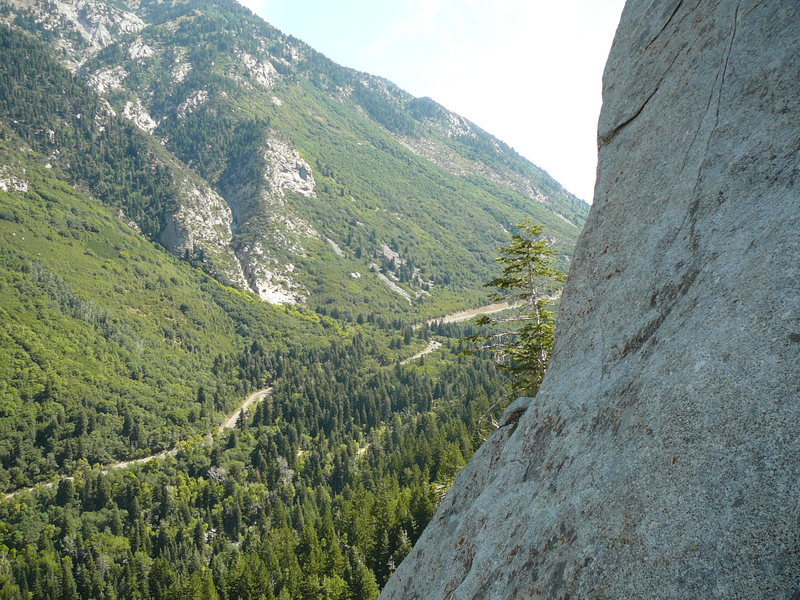 From the belay anchors at the start of pitch 5 of PentaPitch. Move out left from the anchors on slabby moves to finger crack. Many consider this very sketchy because the slab moves are not protected and a fall would be directly onto the anchors with a bit of a pendulum.