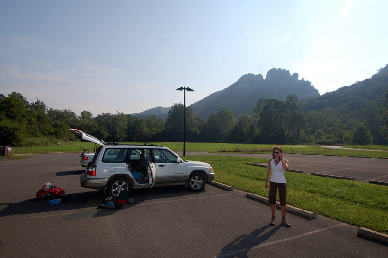 Laura her car and our gear on an incredible summer morning at Seneca Rocks, WV
