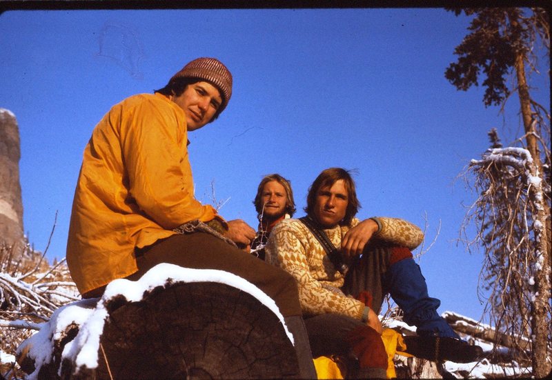 Self portrait after failed attempt on Fall (1976) ascent of Chimney Peak (peeking out on left). Unexpected snowstorm and aforementioned dubious rock thwarted attempt.  L to R - Jon Ake - Scott Mossman - Jack Panek.