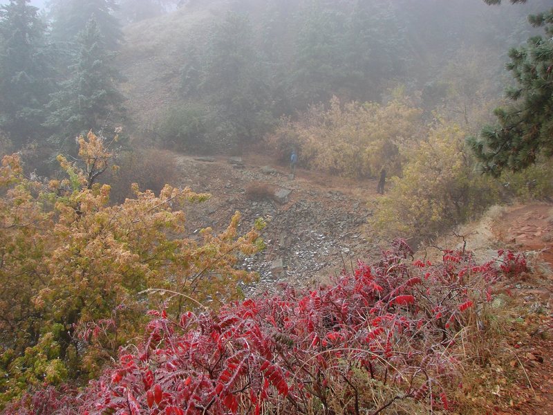 Hiking around the Flatirons in the freezing rain, October '09. Very cool.