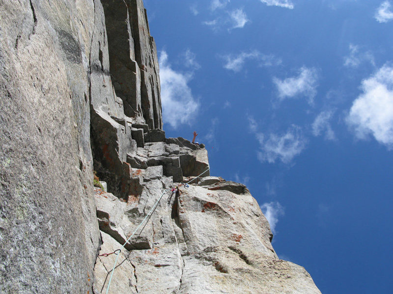 After climbing the crux roof (P2).