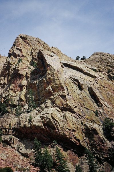 The prominent buttress of Super Slab, and Vertigo at the left, in the shade. Photo from the Canyon Road, 2007, by Tony B.