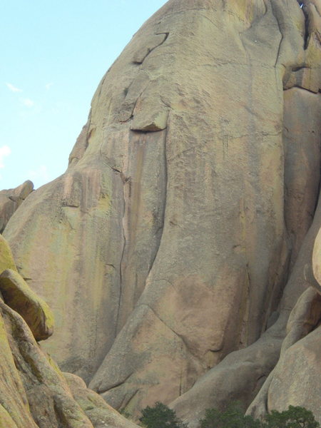 The route from the approach. It goes up the thinner looking crack to the left of the more obvious Knead Me, then up to the huge detached "friendly flake" at the top of the photo.
