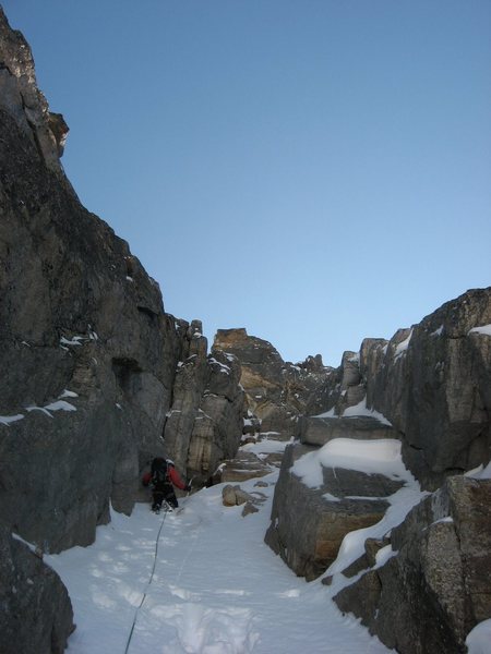 Andy Grauch leading one of the upper pitches of the North Couloir on Mount Toll. Photo by Chris Sheridan, taken on 9/26/09.