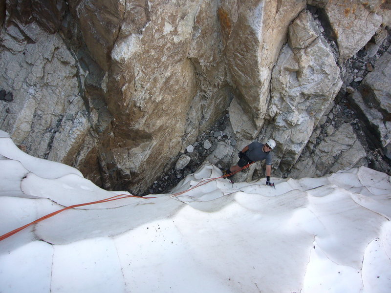 Ice climbing out of the shrund on the descent.  