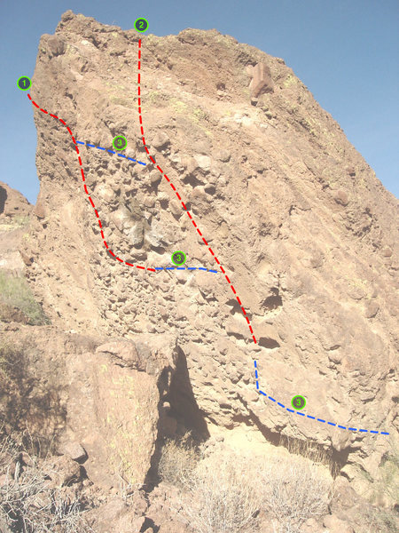 1 is the proudest finish and least dangerous.<br>
2 is another logical series of holds with a more serious landing.<br>
3 are vairations and/or alternate starts.<br>
(20' from the ledge to the lip)