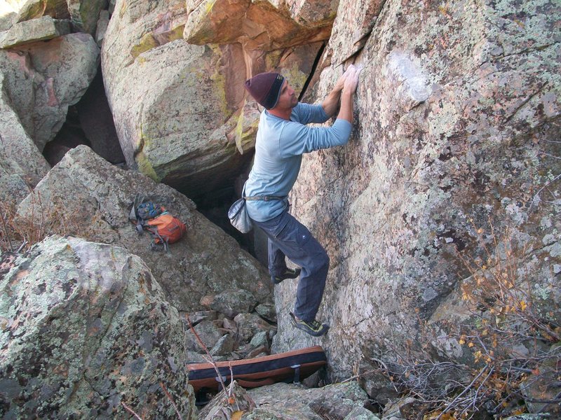 Low Hanging Melons. <br>
"George" ascends the slightly overhung face above and left of my packs.