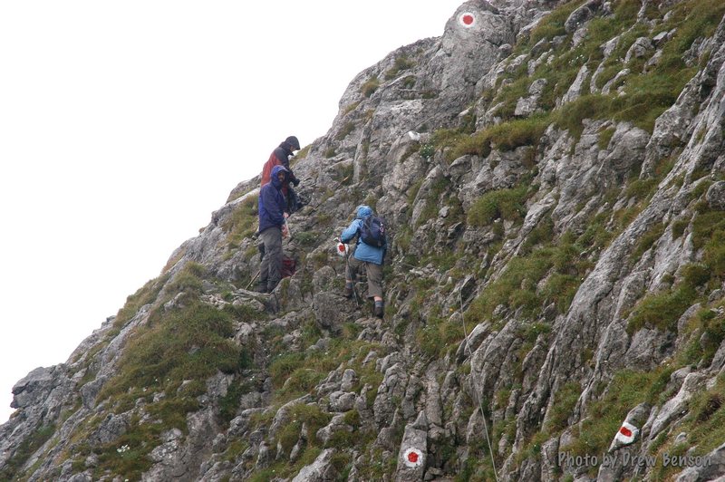 The trail markers: red dots, white circles. This is shortly after the fourth to fifth begins looking left as you ascend the saddle. Photo: Drew Benson