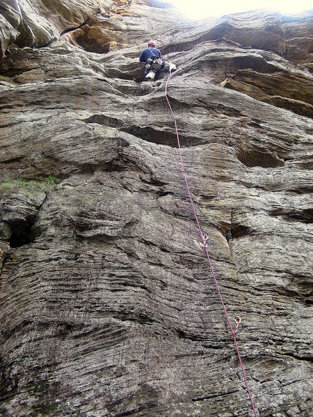 Past the crux on Boltergeist. Photo by Huong.