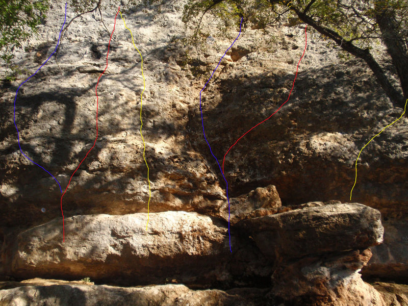 The starts of the routes from the ledge at Prototytpe:<br>
*Mas Cervesa 5.11b<br>
*Prototype 5.10d<br>
*Sugar 5.10d<br>
*Bolt Talk 5.11a<br>
*Unnatural Selection 5.11a<br>
*Bongo Fury 5.11c