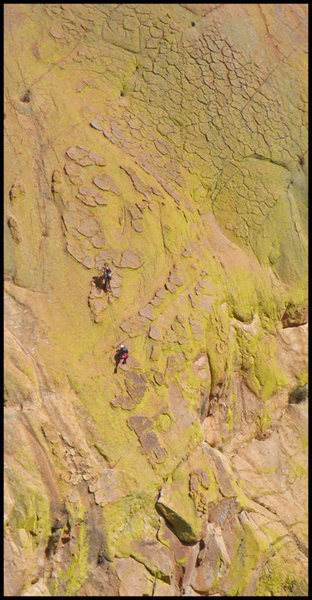 Angelina & Christi amid a sea of chickenheads & lichen on The Sheepshead in Cochise Stronghold.