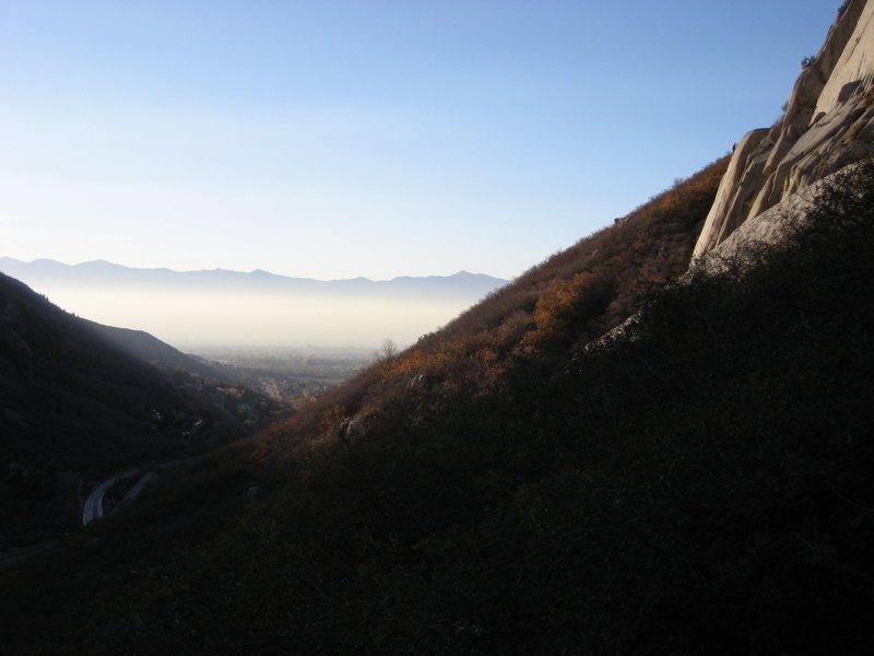 The view on the way down from the crag.<br>
Climber topping out on Mexican crack.<br>