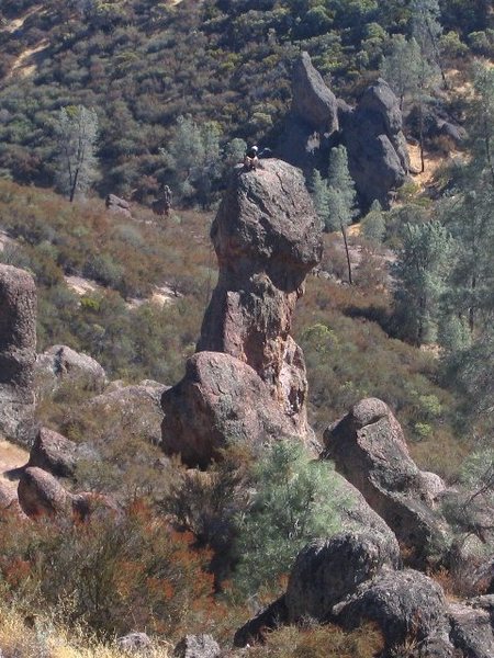 The Unmentionable from near the trail. Note climber on summit. Route climbs just to the left of center in this photo.