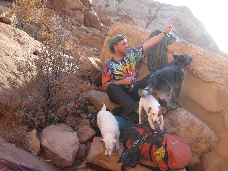 Pat with the dogs at the start of the day.No dog problems here as we are the only climbers and dogs in the whole of the area. I guess most of the Colorado climbers and their dogs are at Shelf Road or similar ? Some Barking some shouting "take"...