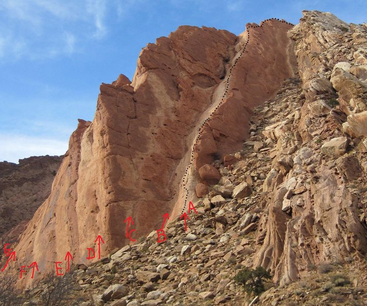The climbs:-A) 1200'of More Fun 5.7 B)1000'of Fun 5.6 C)Fall Not 5.7+ D)The Hollow Men 5.9.E)Curiosity Killed the Cat 5.9 F)Reptilian Curiosity 5.11R G) The Cats-Meow 5.10 and Cats Walk.5.7