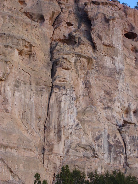 The New Frontier (5.10) opened up a new grade of Malpais difficulty in 1977. A slightly overhanging fist section low down repulsed several early attempts.