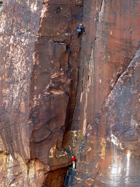 Colorado climbers Rich and Kevin (belaying) on the third pitch. November 2009.