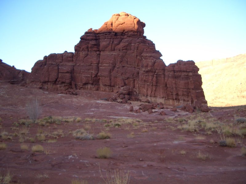 Shelbyville is a lumpy tower in the middle of Kane Springs Canyon.