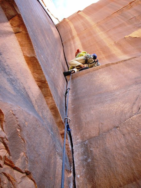 About to switch into the overhanging handcrack on Spaghetti Western, Indian Creek- stellar