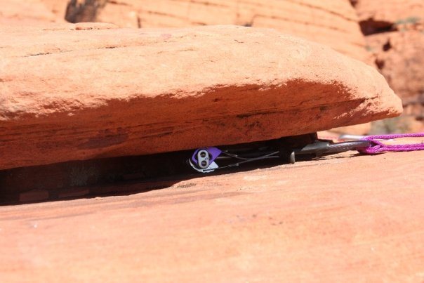 Optional protection placement for use when lowering down to set up top rope on 'The Boila'. Located 6' straight back from anchors. I recommend just having someone body belay you to the anchor instead of this.