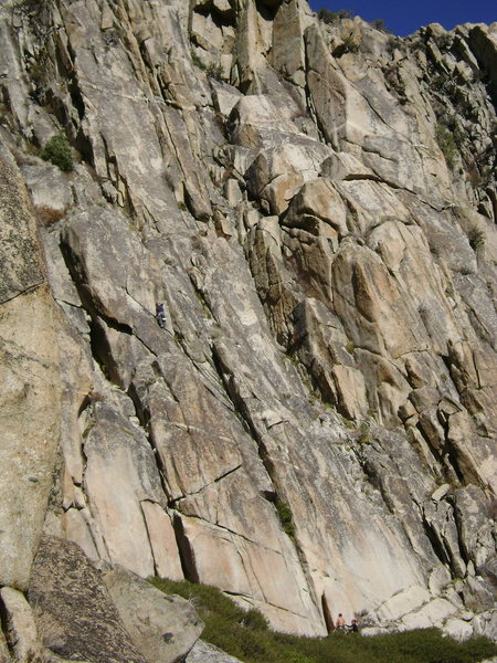 Mike climbing the Hand of God's easier first pitch (5.8). Smearing for Jesus climbs the extremely foreshortened buttress up and right with the quartz band running through it.